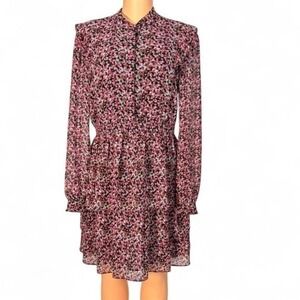 Michael Kors Pink Floral Tiered Georgette Long Sleeve‎ Dress Size 8